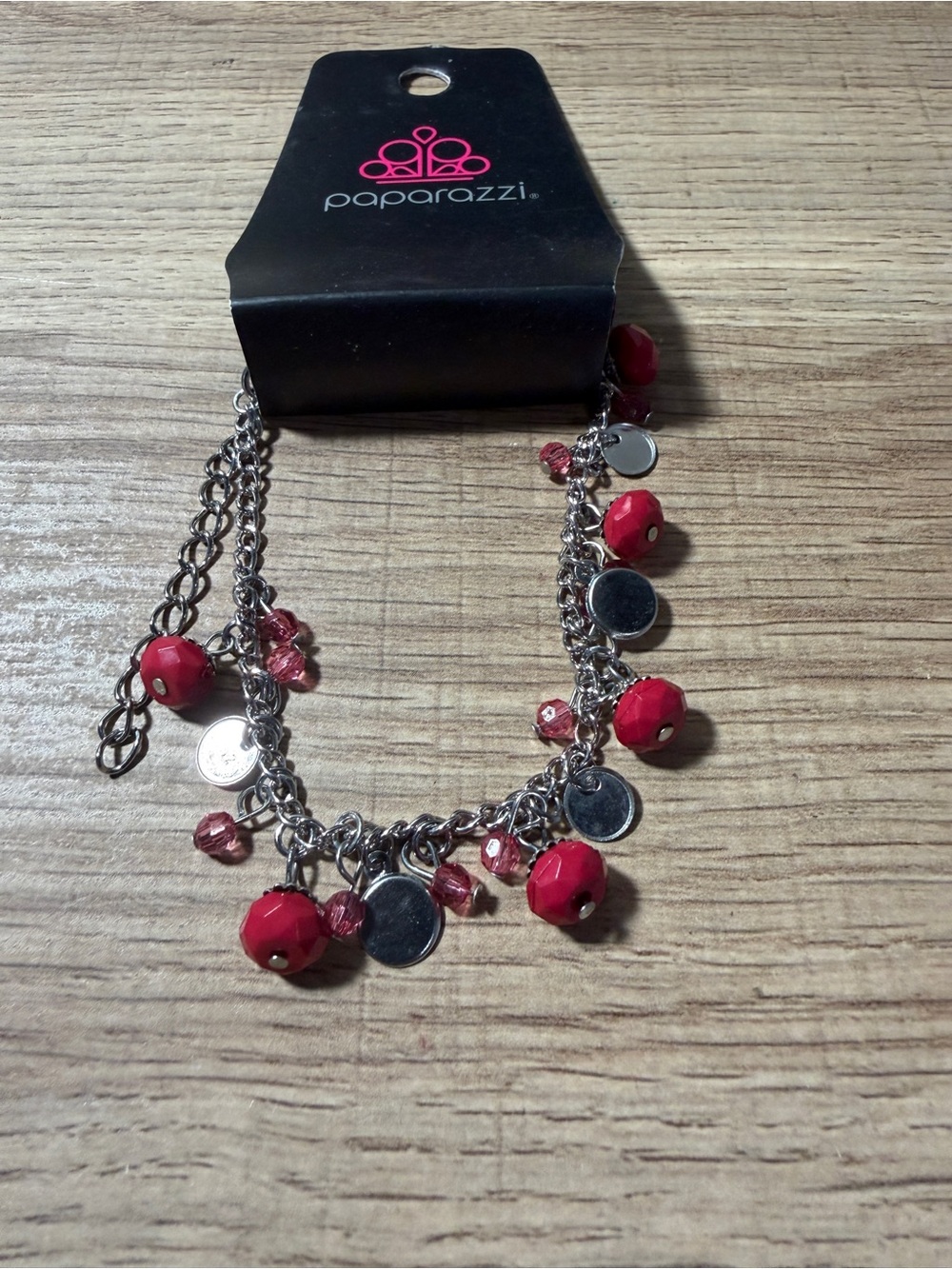 paparazzi Red Beaded Dangle Bracelet with Silver Discs and Crystals